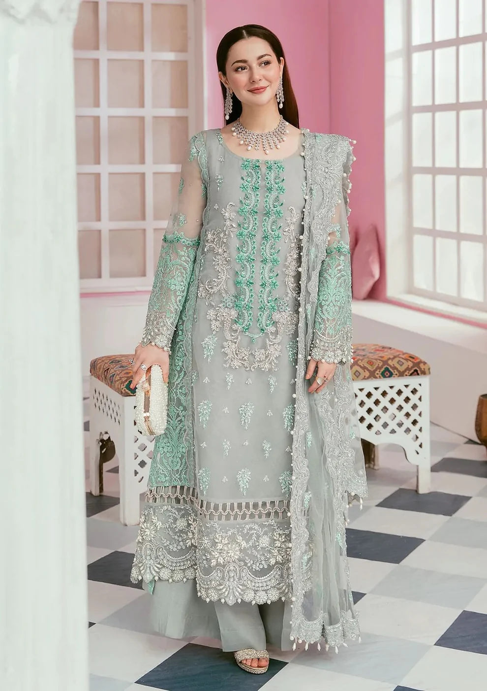 ELAF-ORGANZA PANEL EMBROIDERED ORGANZA DAMAN WITH PEARL WITH ORGANZA EMBROIDERED READY TO WEAR DUPATTA WITH TROUSER-TANA-4023