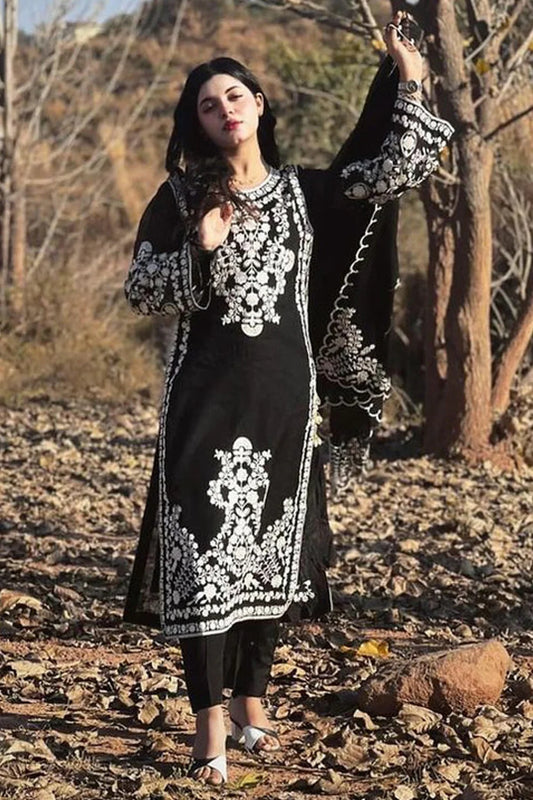 JAZMIN- DHANAK 3PC EMBROIDERED SHIRT WITH DHANAK EMBROIDERED SHAWL WITH TROUSER-TANA-1634