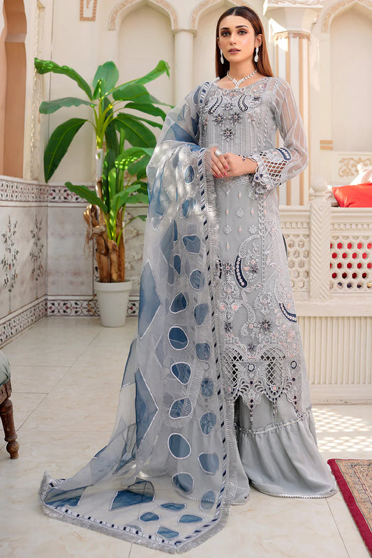 MARYAM-ORGANZA HANDMADE EMBROIDERED ORGANZA DAMAN WITH PEARL WITH ORGANZA HANDMADE EMBROIDERED READY TO WEAR DUPATTA WITH TROUSER-TANA-5245