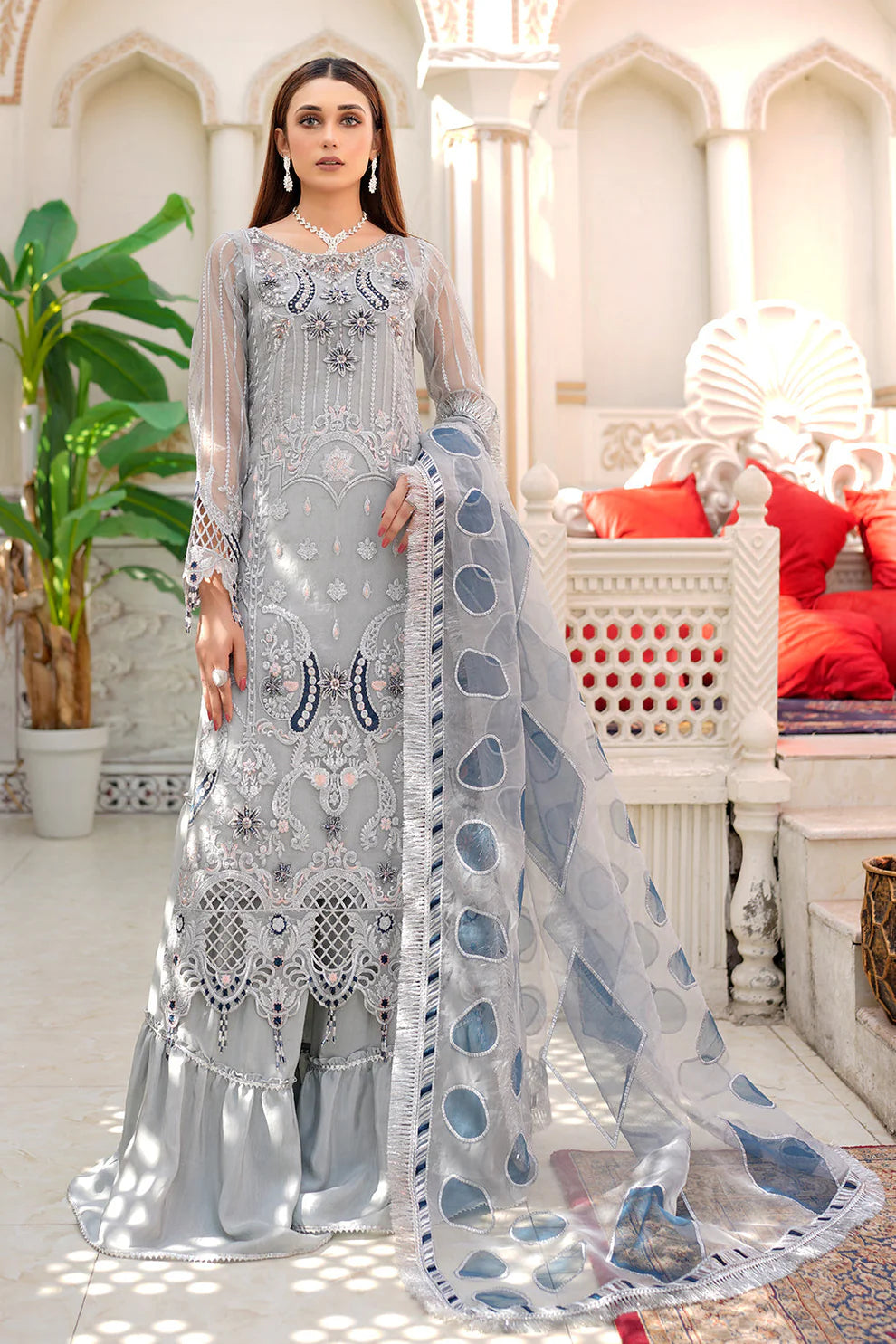 MARYAM-ORGANZA HANDMADE EMBROIDERED ORGANZA DAMAN WITH PEARL WITH ORGANZA HANDMADE EMBROIDERED READY TO WEAR DUPATTA WITH TROUSER-TANA-5245