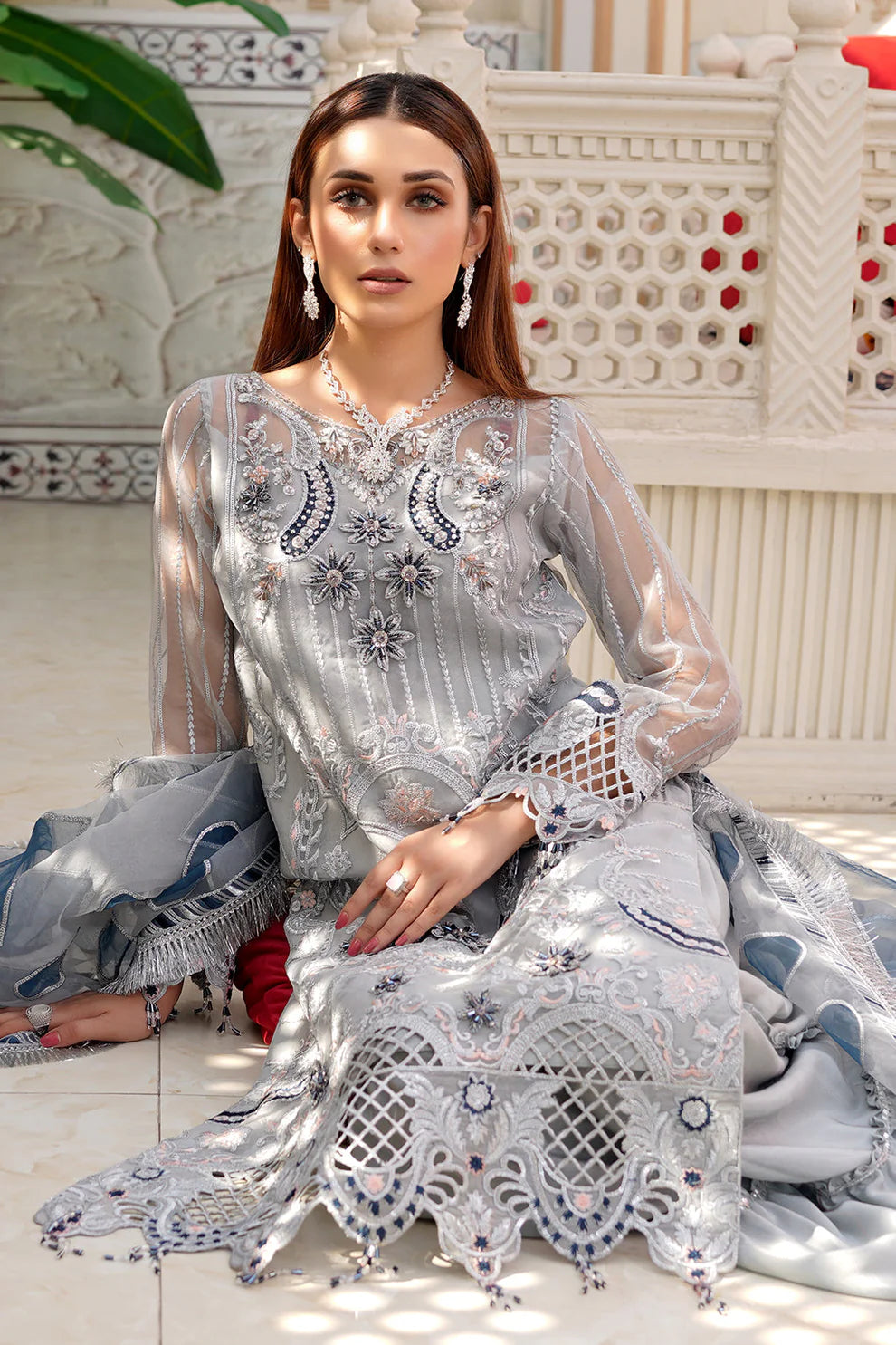 MARYAM-ORGANZA HANDMADE EMBROIDERED ORGANZA DAMAN WITH PEARL WITH ORGANZA HANDMADE EMBROIDERED READY TO WEAR DUPATTA WITH TROUSER-TANA-5245