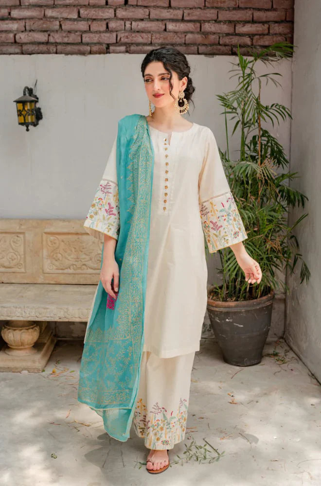 ASLING - 3PC DHANAK EMBROIDERED SHIRT WITH COUTURE WOOL PRINT SHAWL AND TROUSER-TANA-1516