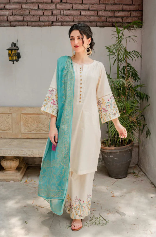 ASLING - 3PC DHANAK EMBROIDERED SHIRT WITH COUTURE WOOL PRINT SHAWL AND TROUSER-TANA-1516