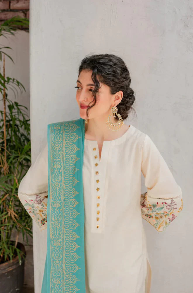 ASLING - 3PC DHANAK EMBROIDERED SHIRT WITH COUTURE WOOL PRINT SHAWL AND TROUSER-TANA-1516