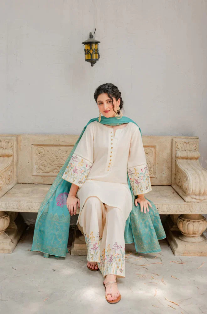 ASLING - 3PC DHANAK EMBROIDERED SHIRT WITH COUTURE WOOL PRINT SHAWL AND TROUSER-TANA-1516