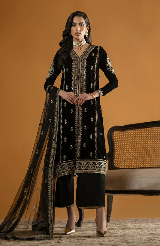 SERAN -VELVET 3PC- EMBROIDERED WORK SHIRT WITH ORGANZA HEAVY EMBROIDERED DUPATTA-TBF-006