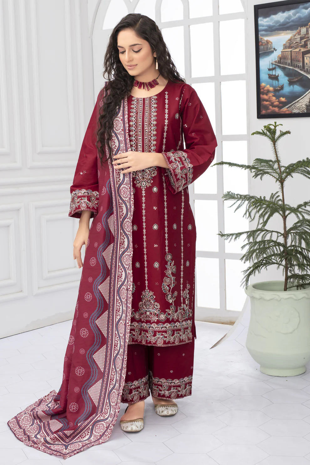 TANA BANA - WINTER COTTON 3PC EMBROIDERED SHIRT WITH DORIA PRINTED SHAWL- TBF-3002