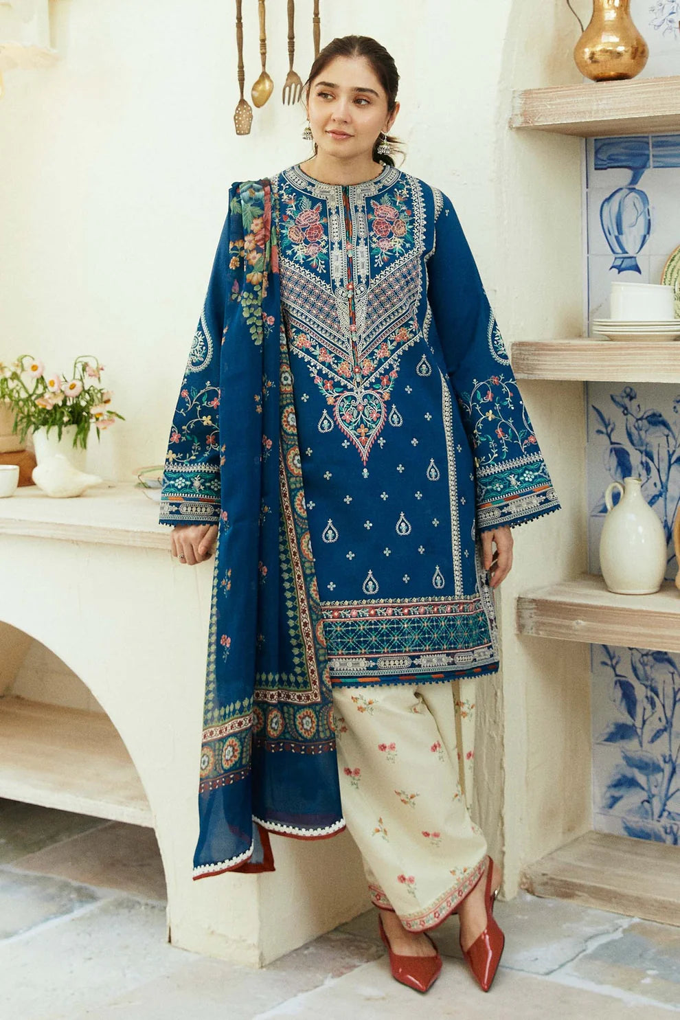 ZAHRA SHAHJAHAN- 3PC LAWN EMBROIDERED SHIRT WITH DIAMOND PRINT DUPATTA-TANA-5241