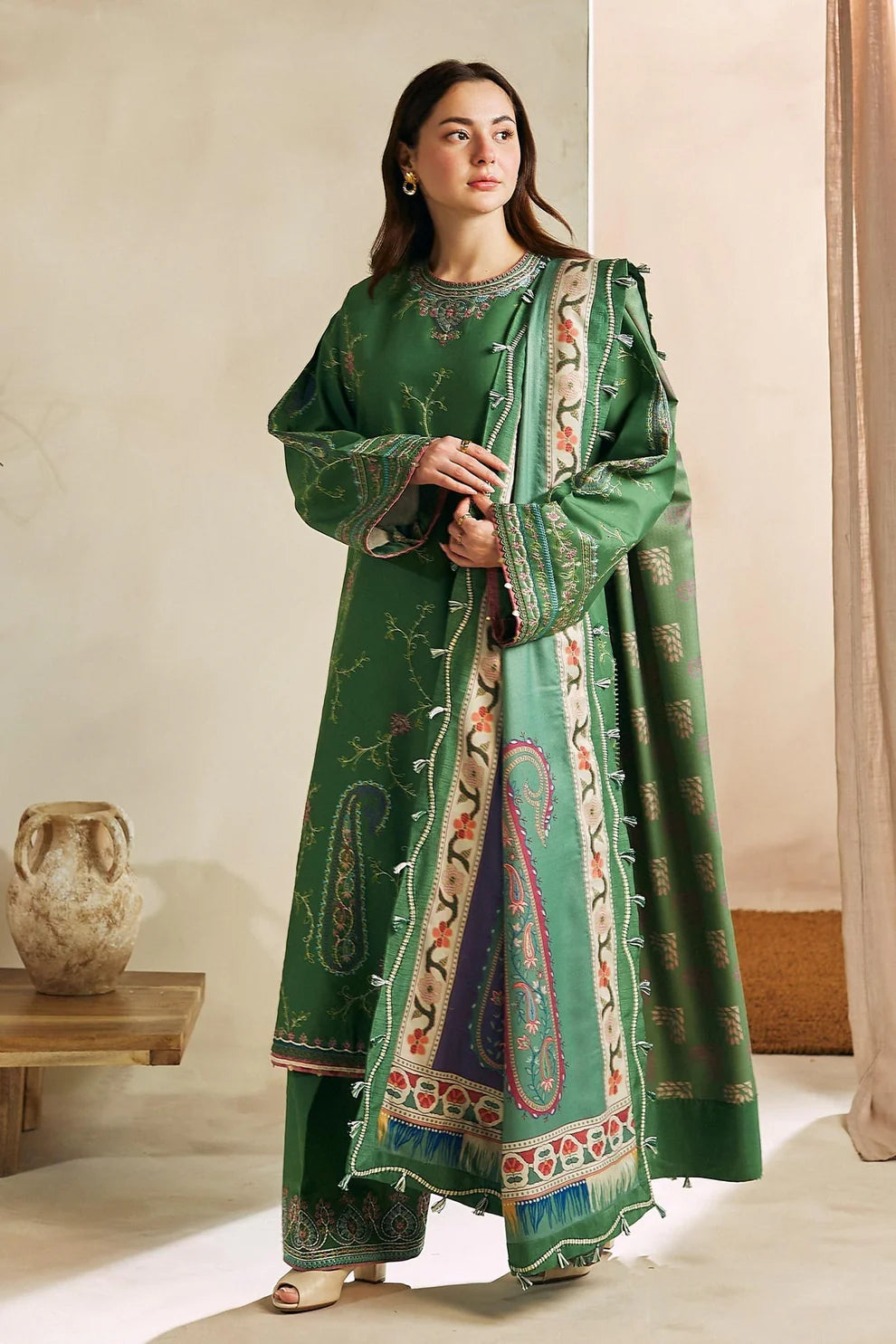 ZARA SHAH JAHAN - 3PC DHANAK EMBROIDERED SHIRT WITH WOOL PRINT SHAEL AND TROUSER-TANA-1681