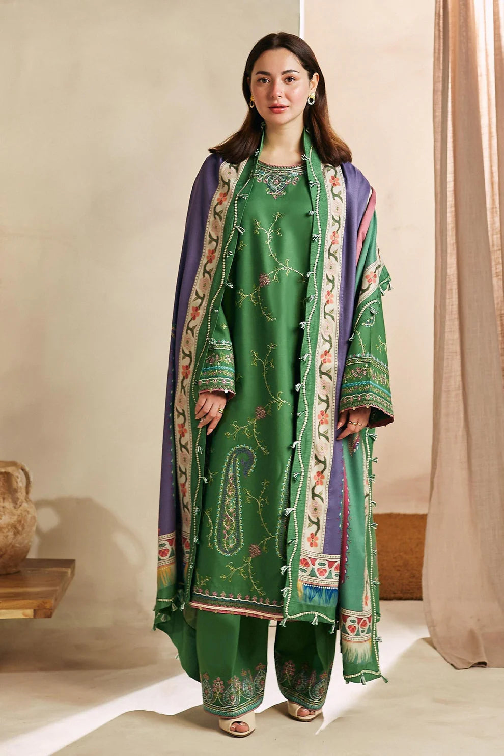 ZARA SHAH JAHAN - 3PC DHANAK EMBROIDERED SHIRT WITH WOOL PRINT SHAEL AND TROUSER-TANA-1681