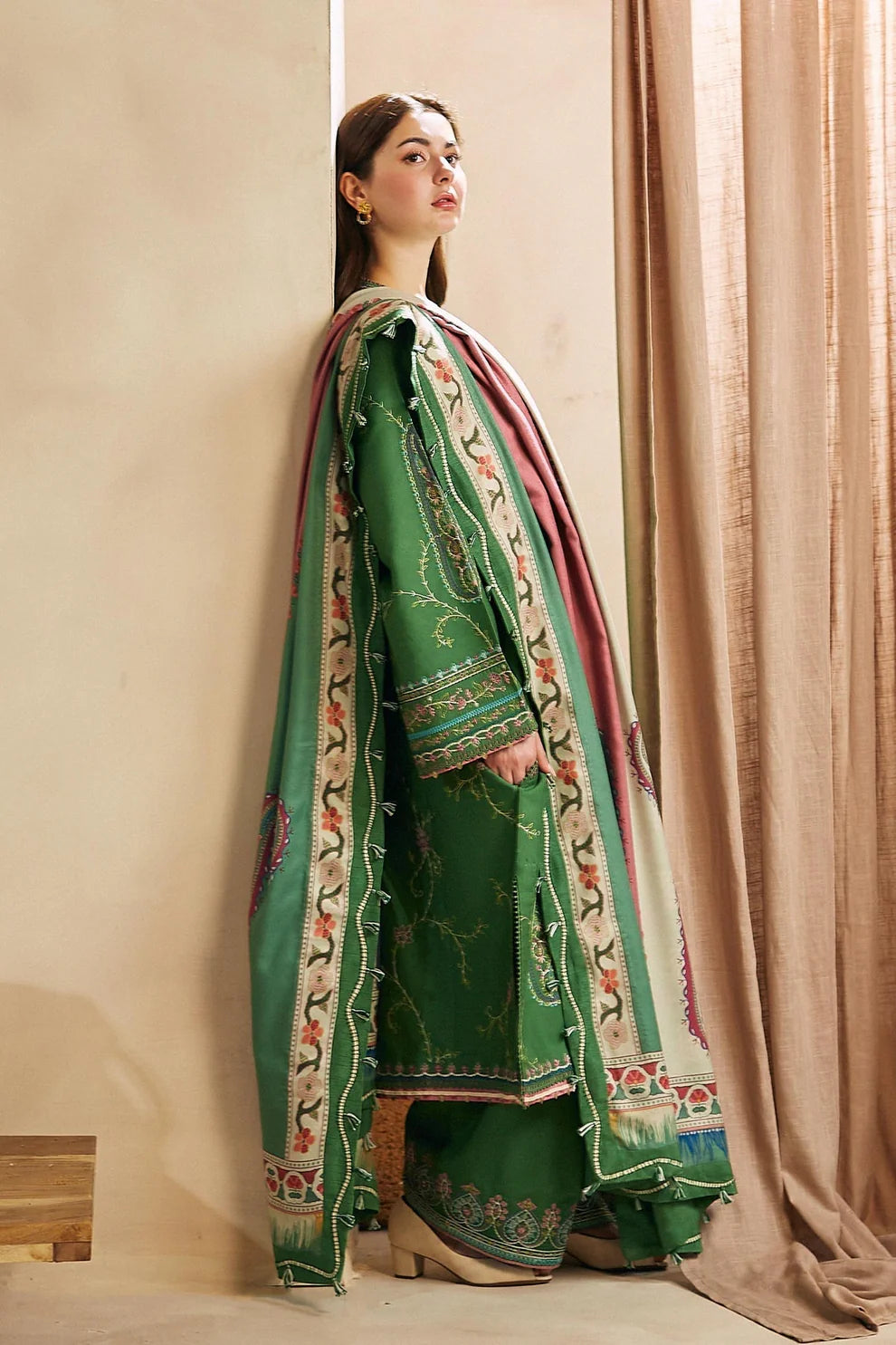 ZARA SHAH JAHAN - 3PC DHANAK EMBROIDERED SHIRT WITH WOOL PRINT SHAEL AND TROUSER-TANA-1681