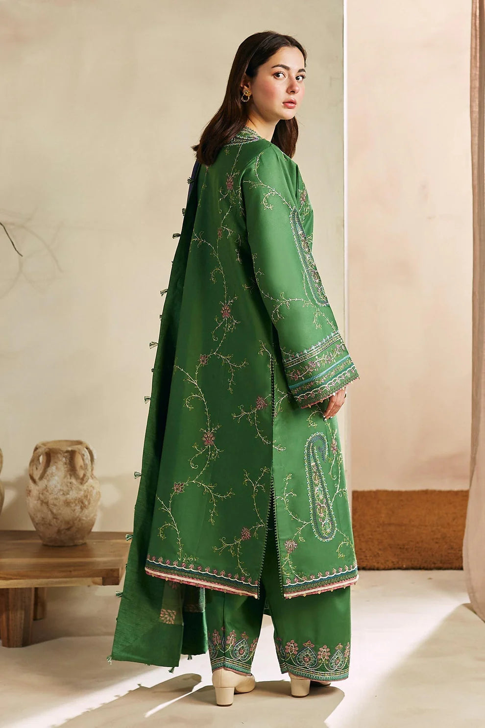 ZARA SHAH JAHAN - 3PC DHANAK EMBROIDERED SHIRT WITH WOOL PRINT SHAEL AND TROUSER-TANA-1681