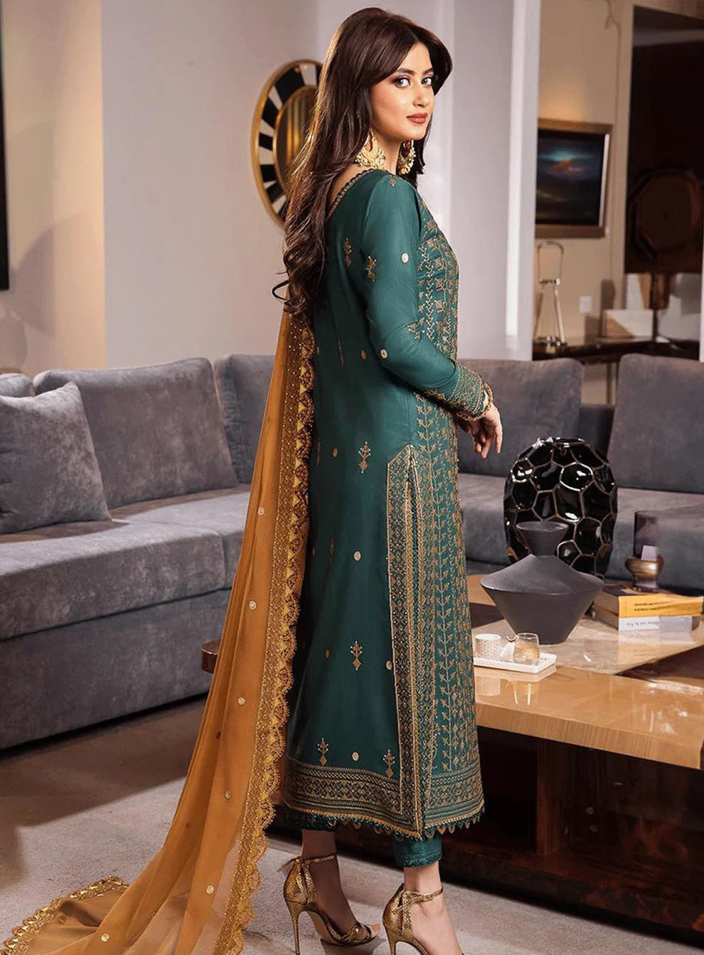 ASIM JOFA -3PC DHANAK EMBROIDERED WITH BAMBER CHIFFON EMBROIDERED DUPATTA-TANA-1595