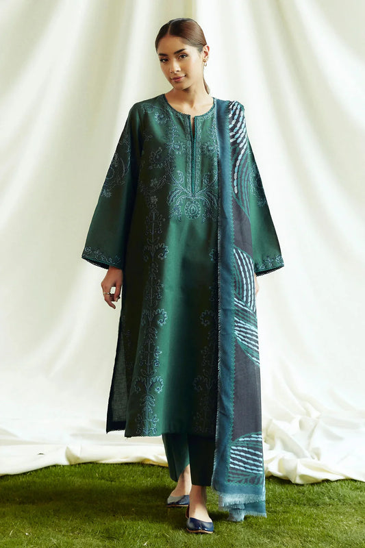 ZARA SHAHJAHAN- 3PC DHANAK EMBROIDERED SHIRT WITH WOOL PRINT SHAWL AND TROUSER-TANA-1722