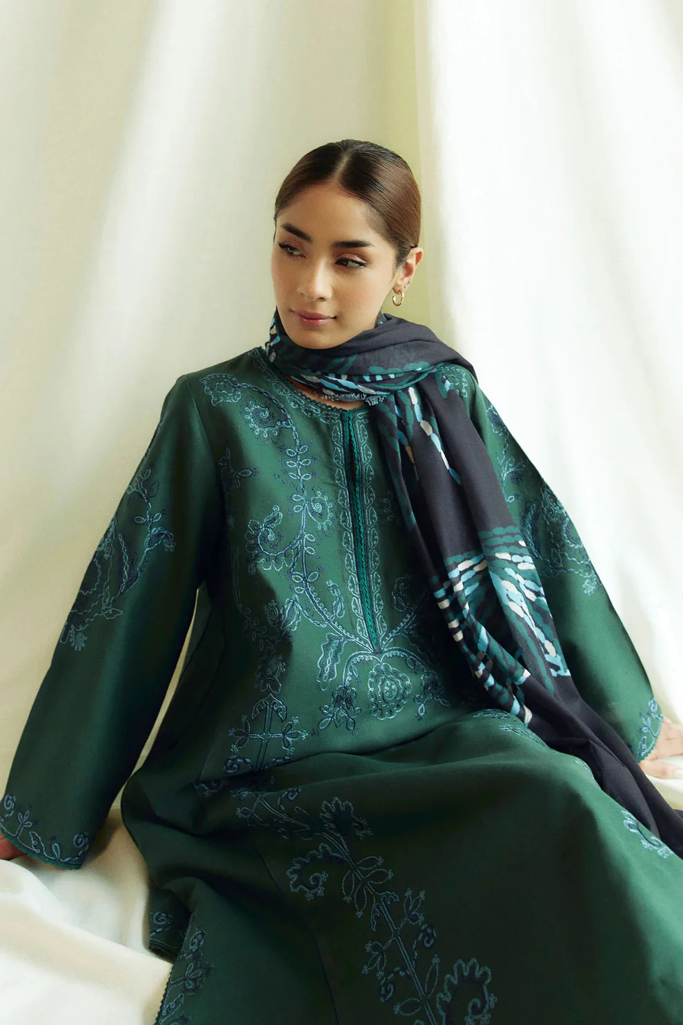 ZARA SHAHJAHAN- 3PC DHANAK EMBROIDERED SHIRT WITH WOOL PRINT SHAWL AND TROUSER-TANA-1722