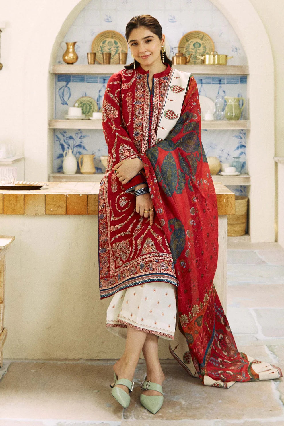 ZAHRA SHAHJAHAN- 3PC DHANAK EMBROIDERED SHIRT WITH COUTURE PRINT SHAWL AND EMBROIDERED TROUSER-TANA-1546