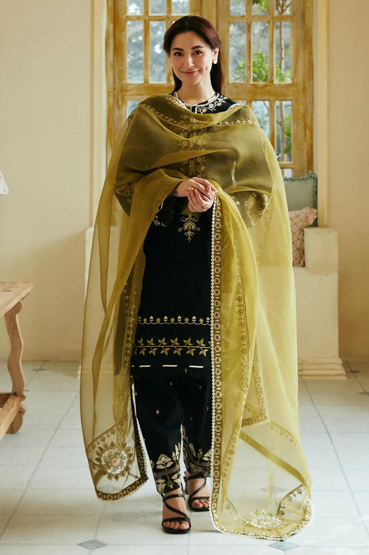 ZARA SHAH JAHAN - 3PC LAWN EMBROIDERED SHIRT WITH ORGANZA EMBROIDERED DUPATTA AND TROUSER-TANA-5244-BLACK