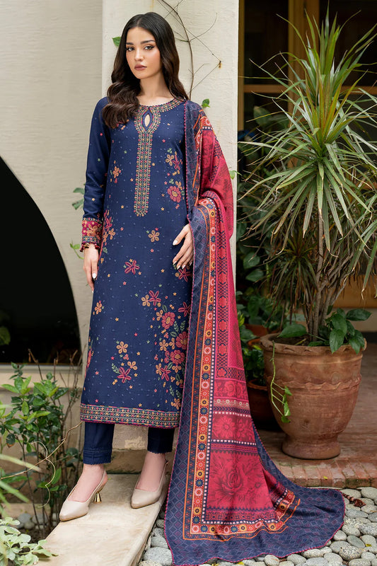 JAZMIN-3PC DHANAK EMBROIDRED SHIRT WITH WOOL PRINT SHAWL AND TROUSER-TANA -1690