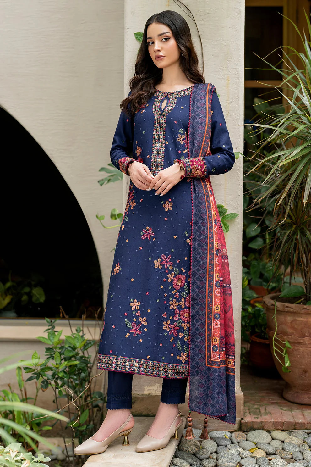 JAZMIN-3PC DHANAK EMBROIDRED SHIRT WITH WOOL PRINT SHAWL AND TROUSER-TANA -1690