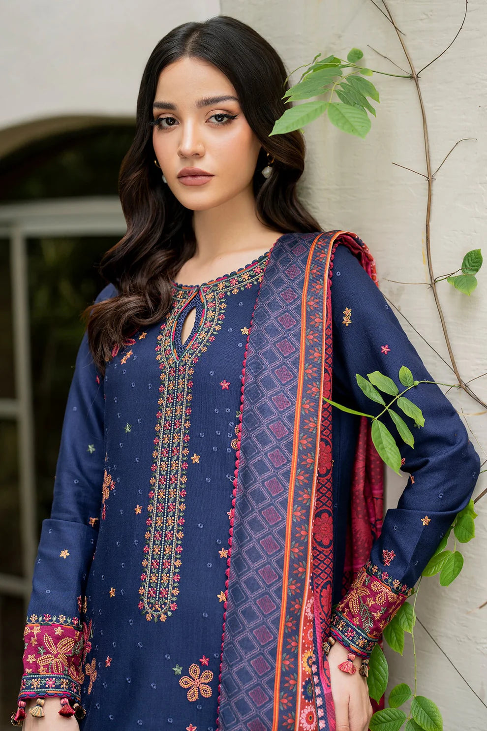 JAZMIN-3PC DHANAK EMBROIDRED SHIRT WITH WOOL PRINT SHAWL AND TROUSER-TANA -1690