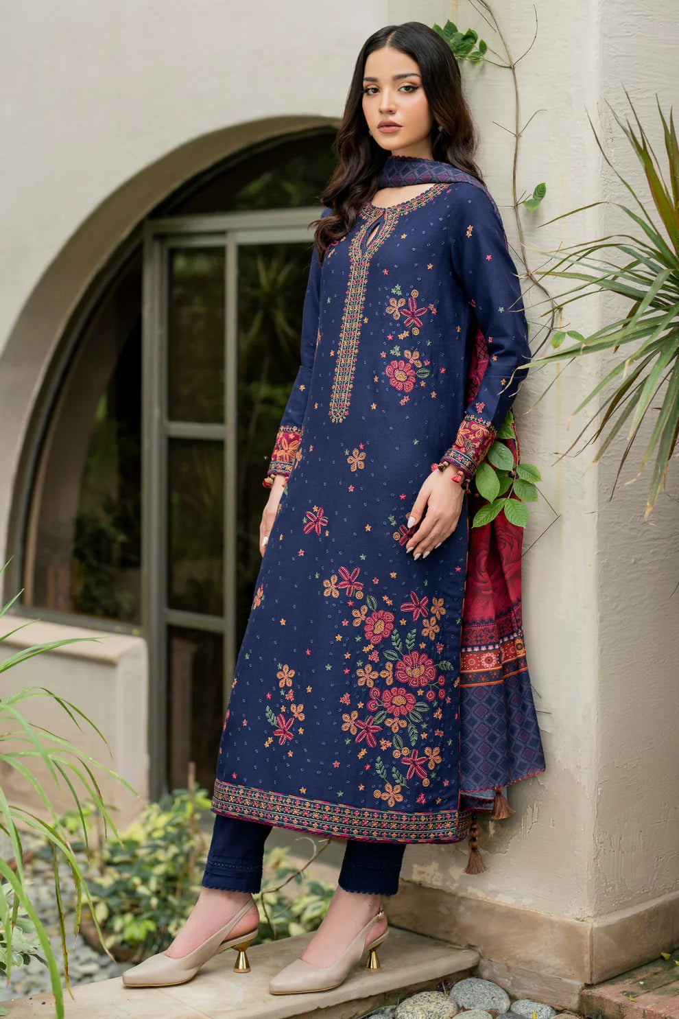 JAZMIN-3PC DHANAK EMBROIDRED SHIRT WITH WOOL PRINT SHAWL AND TROUSER-TANA -1690