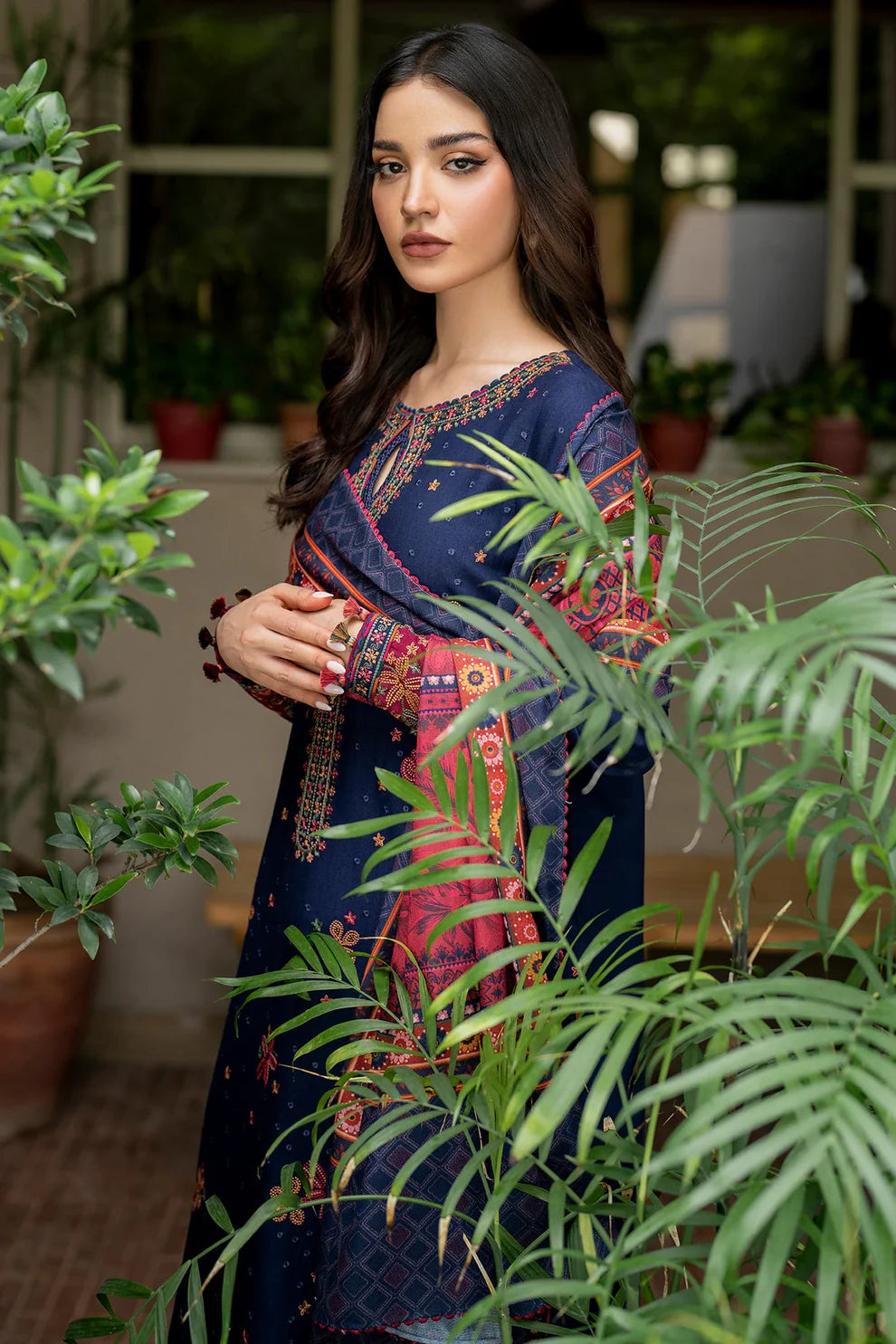 JAZMIN-3PC DHANAK EMBROIDRED SHIRT WITH WOOL PRINT SHAWL AND TROUSER-TANA -1690