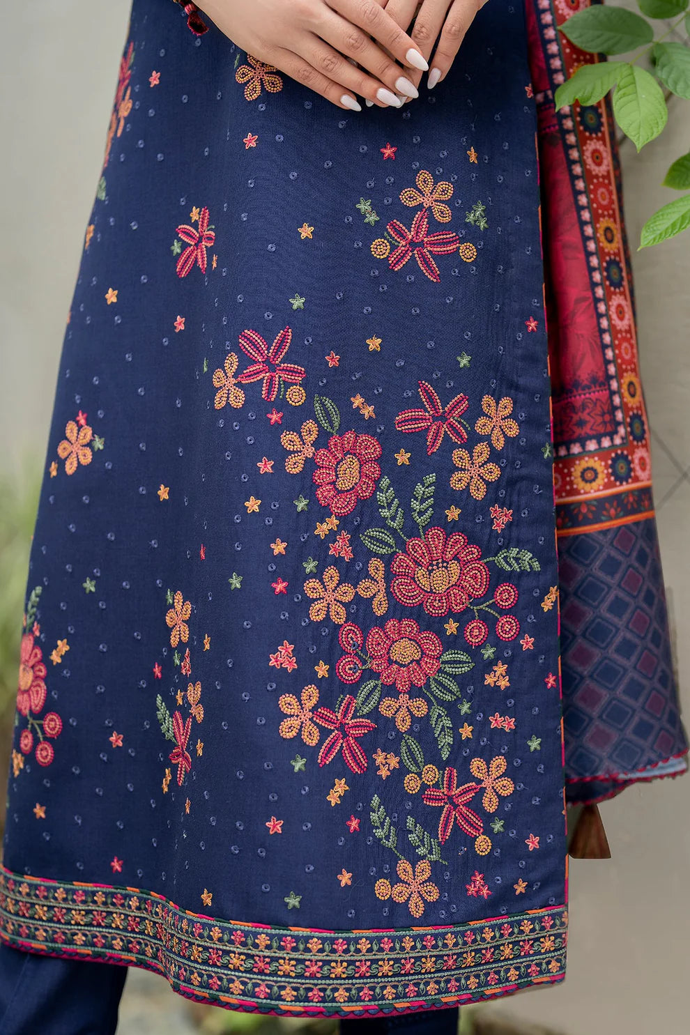 JAZMIN-3PC DHANAK EMBROIDRED SHIRT WITH WOOL PRINT SHAWL AND TROUSER-TANA -1690