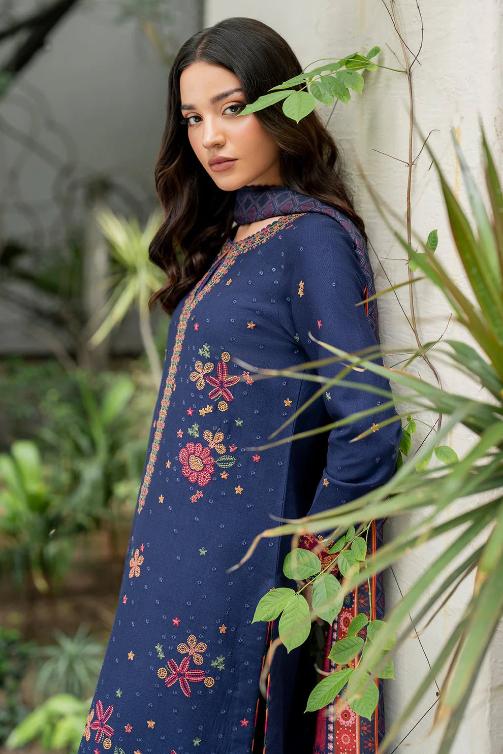 JAZMIN-3PC DHANAK EMBROIDRED SHIRT WITH WOOL PRINT SHAWL AND TROUSER-TANA -1690