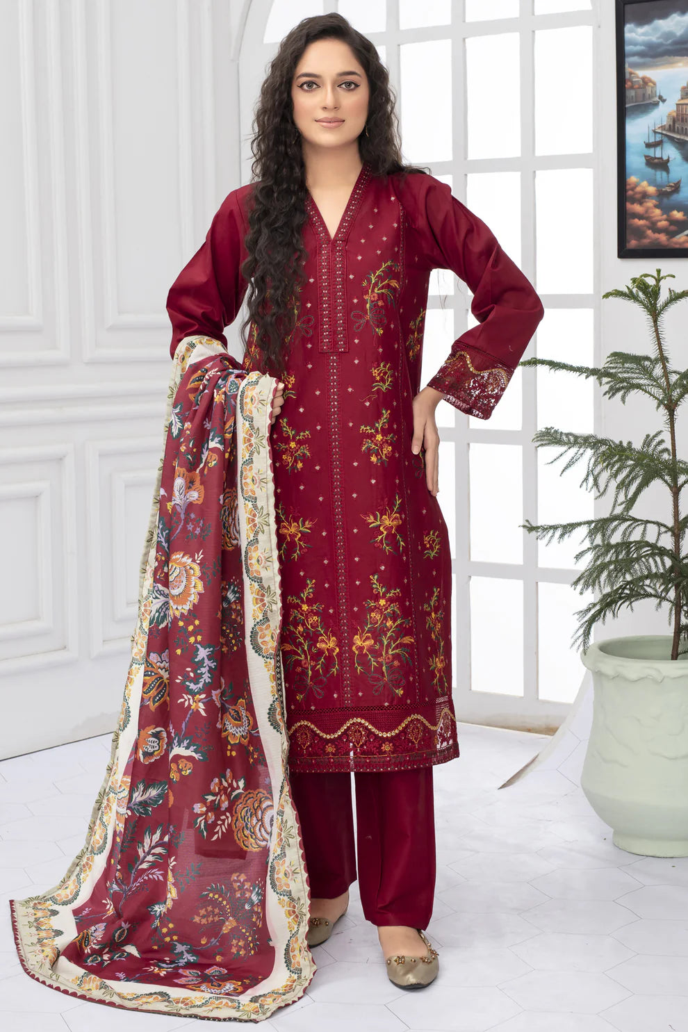 TANA BANA -WINTER COTTON 3PC EMBROIDERED SHIRT WITH DORIA PRINTED SHAWL-TBF-3006