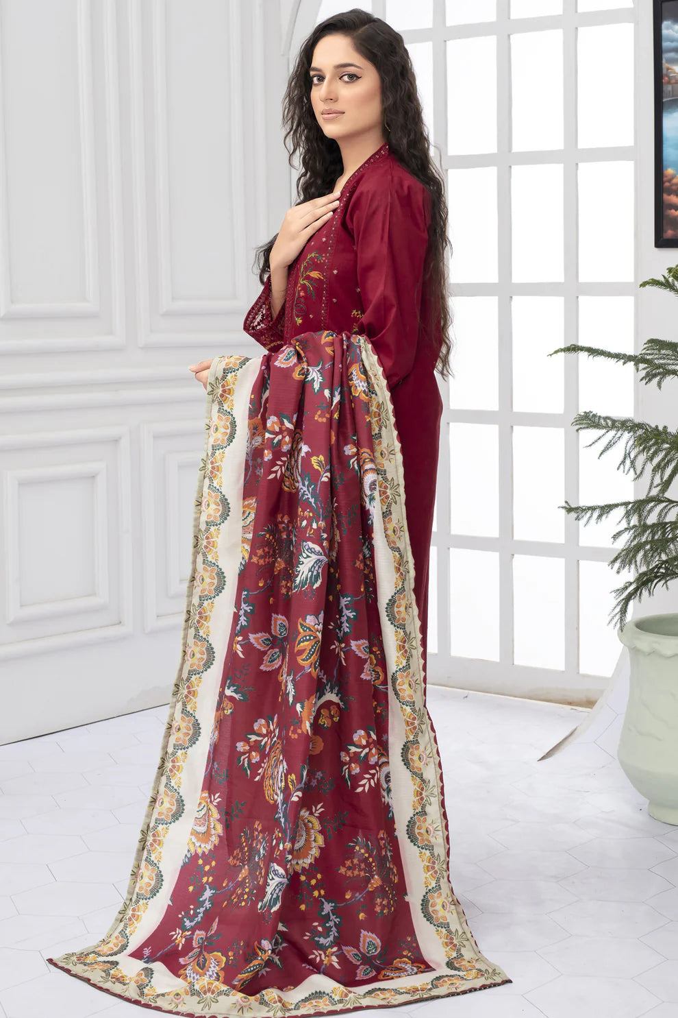 TANA BANA -WINTER COTTON 3PC EMBROIDERED SHIRT WITH DORIA PRINTED SHAWL-TBF-3006