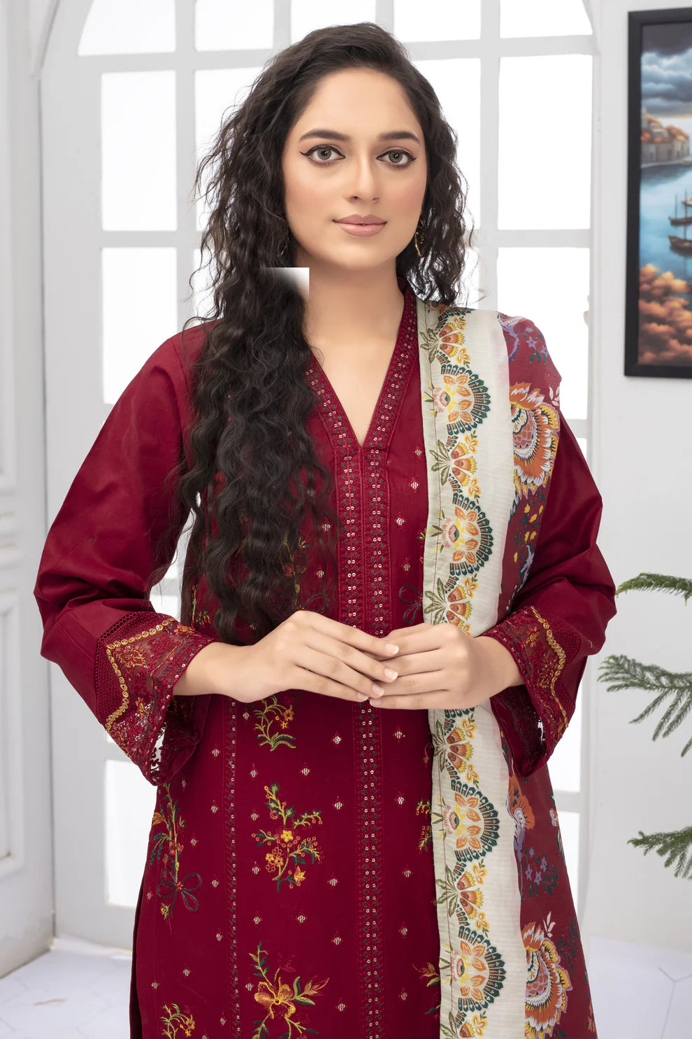 TANA BANA -WINTER COTTON 3PC EMBROIDERED SHIRT WITH DORIA PRINTED SHAWL-TBF-3006