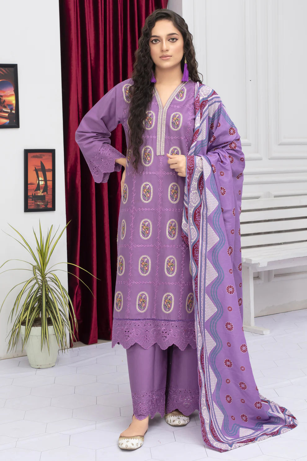 TANA BANA- WINTER COTTON 3PC EMBROIDERED SHIRT WITH DORIA PRINTED SHAWL-TBF-3001