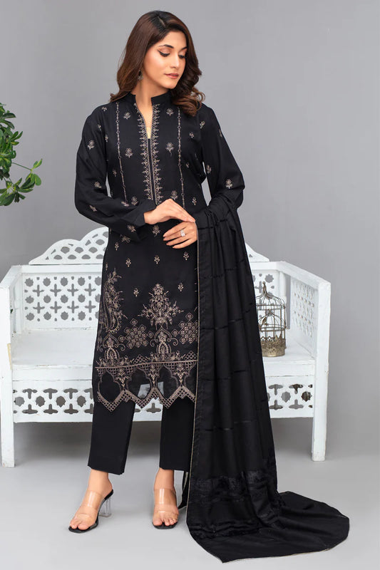 TANA BANA-3PC Dhanak Embroidered Shirt with Velvet Dhanak Shawl and Trouser -TBF-012