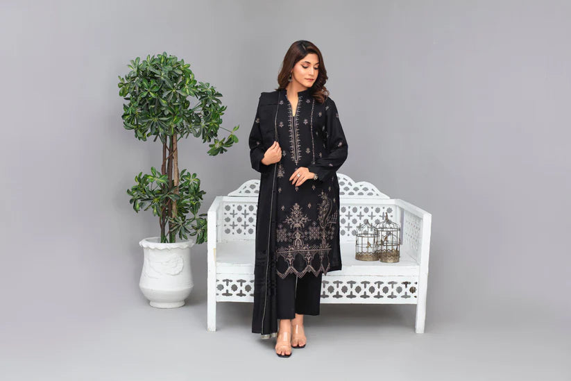 TANA BANA-3PC Dhanak Embroidered Shirt with Velvet Dhanak Shawl and Trouser -TBF-012