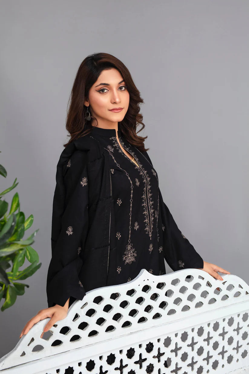 TANA BANA-3PC Dhanak Embroidered Shirt with Velvet Dhanak Shawl and Trouser -TBF-012