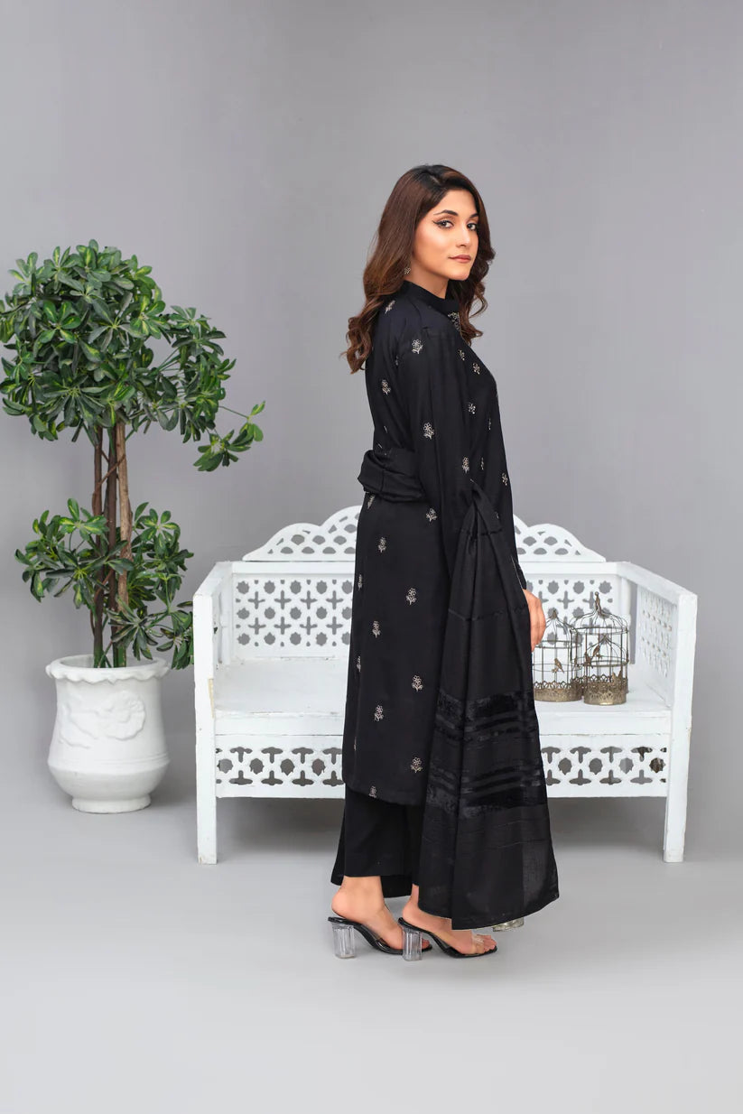 TANA BANA-3PC Dhanak Embroidered Shirt with Velvet Dhanak Shawl and Trouser -TBF-012