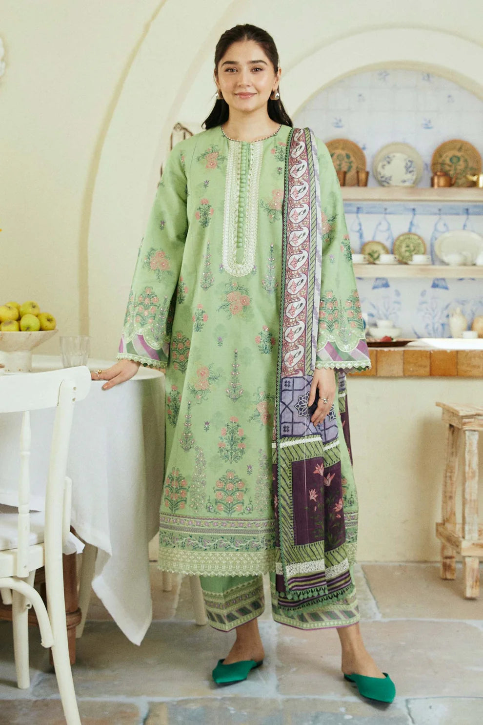 ZAHRA SHAHJAHAN- 3PC LAWN EMBROIDERED SHIRT WITH DIAMOND PRINT DUPATTA-TANA-5289