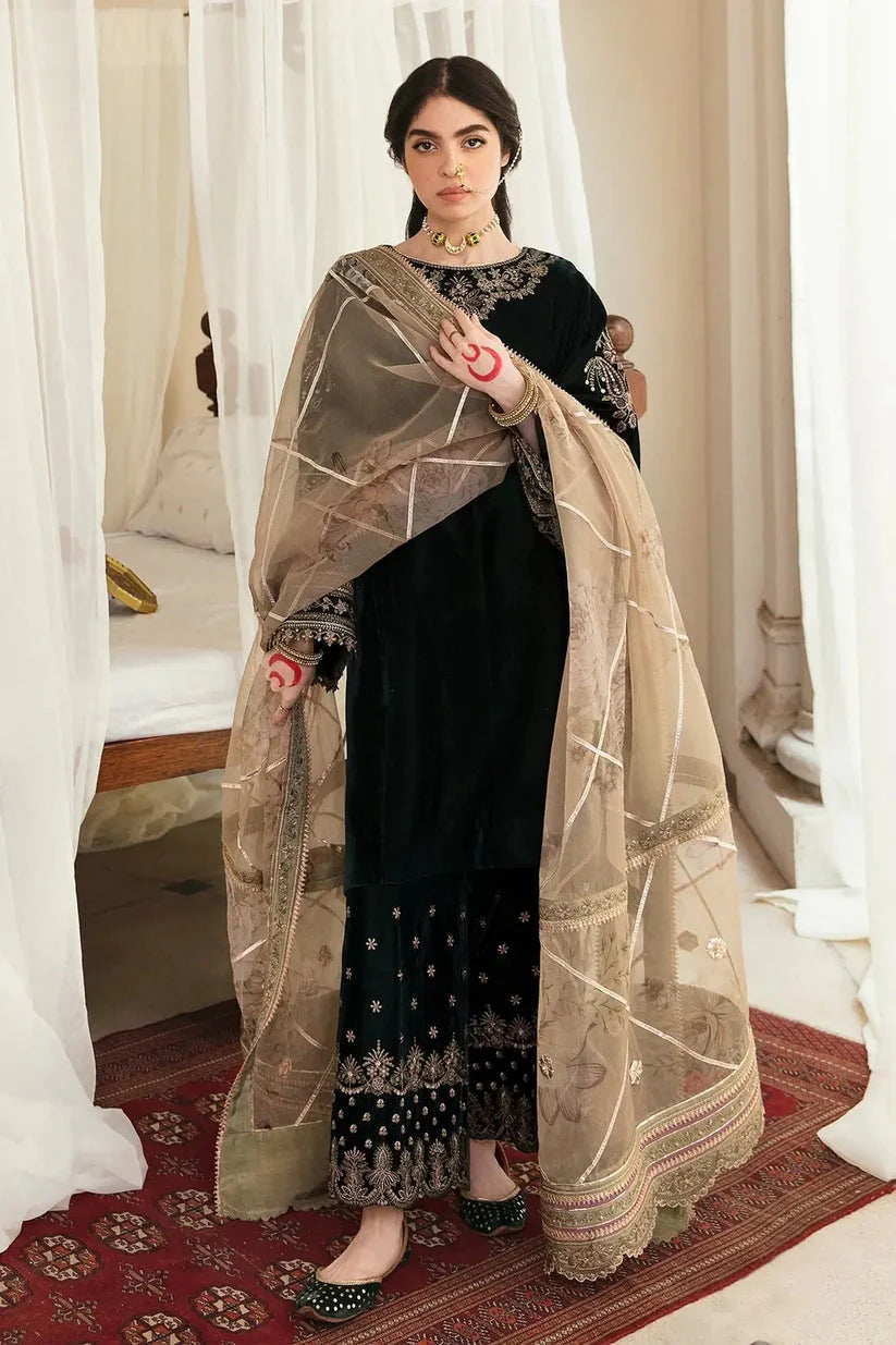 BAROQUE-VELVET 3PC- EMBROIDERED WORK SHIRT WITH ORGANZA HEAVY EMBROIDERED DUPATTA -TBF-005-MICRO VELVET