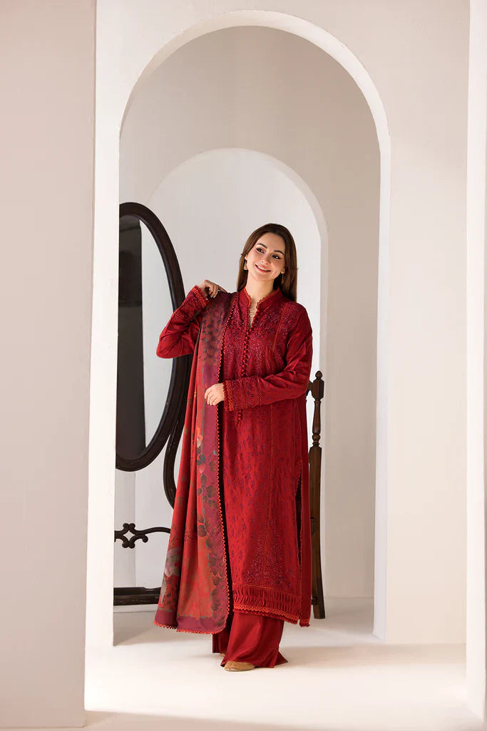 SOBIA NAZIR - 3PC DHANAK EMBROIDERED SHIRT WITH WOOL PRINTED SHAWL AND TROUSER-TBF-1780- RED