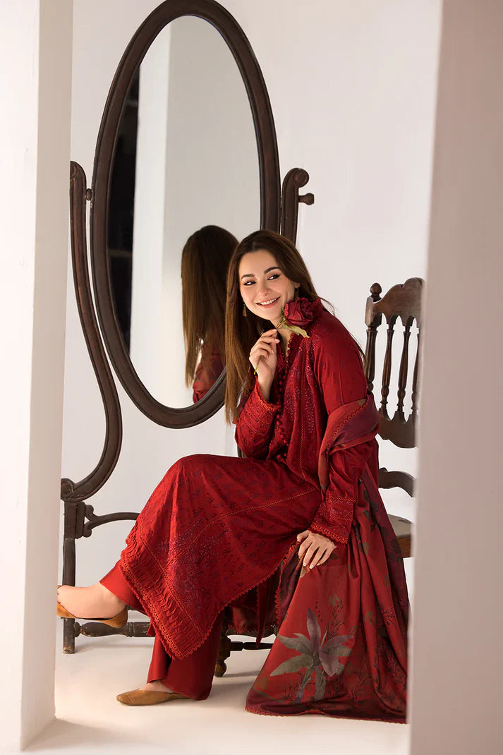 SOBIA NAZIR - 3PC DHANAK EMBROIDERED SHIRT WITH WOOL PRINTED SHAWL AND TROUSER-TBF-1780- RED