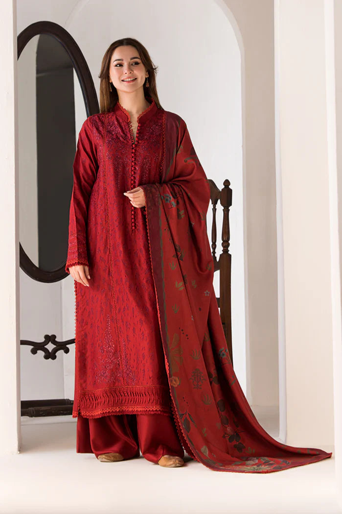 SOBIA NAZIR - 3PC DHANAK EMBROIDERED SHIRT WITH WOOL PRINTED SHAWL AND TROUSER-TBF-1780- RED