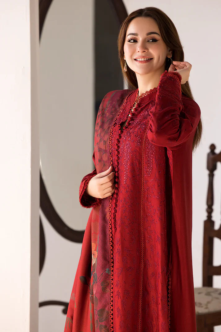 SOBIA NAZIR - 3PC DHANAK EMBROIDERED SHIRT WITH WOOL PRINTED SHAWL AND TROUSER-TBF-1780- RED