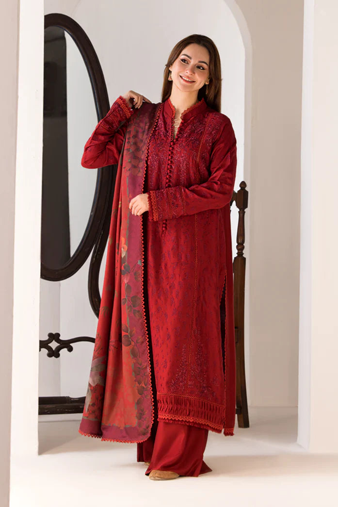 SOBIA NAZIR - 3PC DHANAK EMBROIDERED SHIRT WITH WOOL PRINTED SHAWL AND TROUSER-TBF-1780- RED