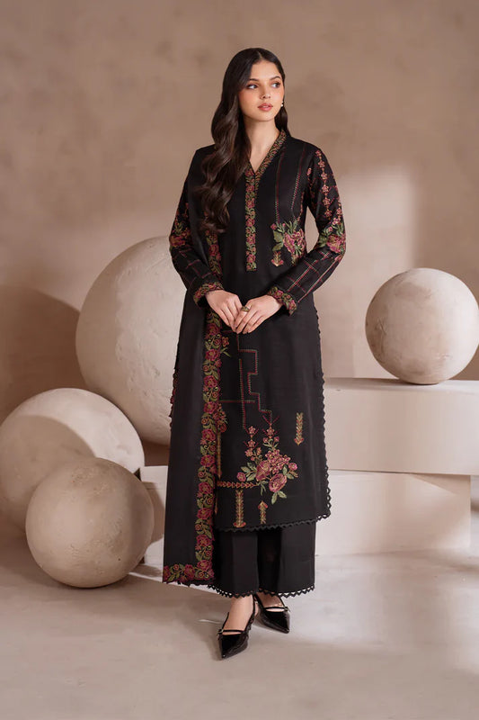 IZNIK-3PC DHANAK EMBROIDERED SHIRT WITH DHANAK EMBROIDERED SHAWL & TROUSER-1757