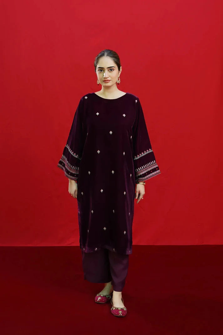 URGE-2PC VELVET EMBROIDERED SHIRT WITH VELEVT EMBROIDERED SLEEVES-TBF- 007- MICRO VELVET -9000