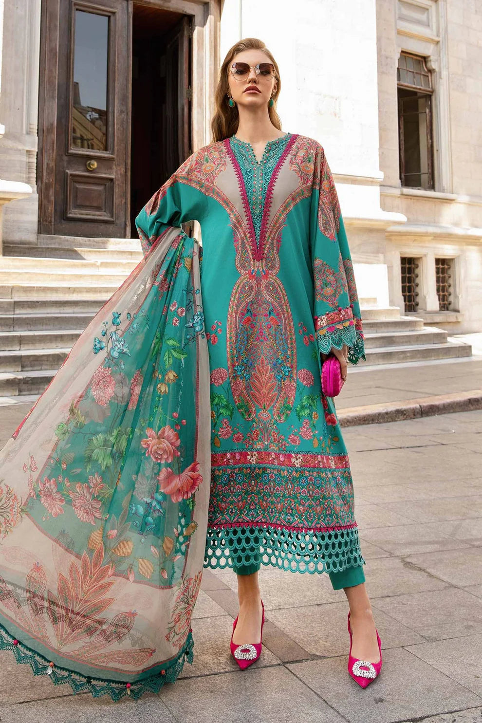 MARIA B- 3PC KARANDI PRINTED EMBROIDERED SHIRT WITH KARANDI PRINTED SHAWL AND KARANDI PRINTED TROUSER-TANA-1650