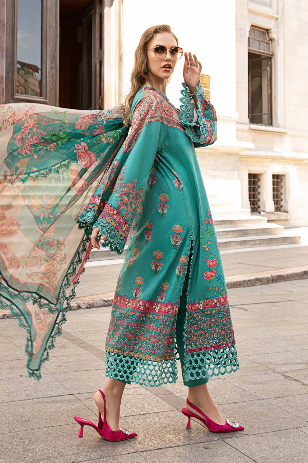 MARIA B- 3PC KARANDI PRINTED EMBROIDERED SHIRT WITH KARANDI PRINTED SHAWL AND KARANDI PRINTED TROUSER-TANA-1650