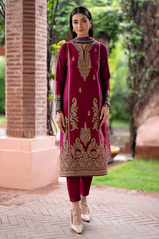 JAZMIN- 3PC DHANAK EMBROIDERED SHIRT WITH WOOL PRINT SHAWL AND TROUSER-TANA-16