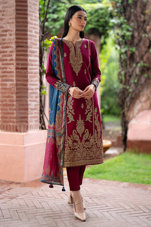 JAZMIN- 3PC DHANAK EMBROIDERED SHIRT WITH WOOL PRINT SHAWL AND TROUSER-TANA-16