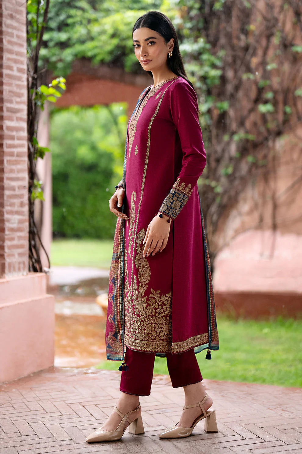 JAZMIN- 3PC DHANAK EMBROIDERED SHIRT WITH WOOL PRINT SHAWL AND TROUSER-TANA-16